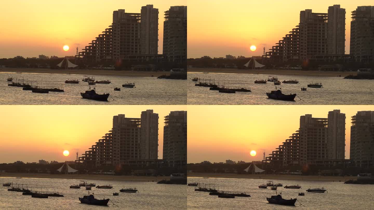 海边夕阳日落晚霞港口渔船安静唯美湖边岸边