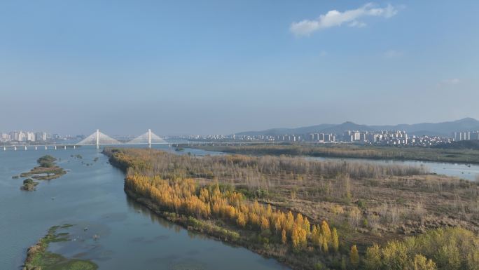 航拍襄阳汉江湿地城市自然风光