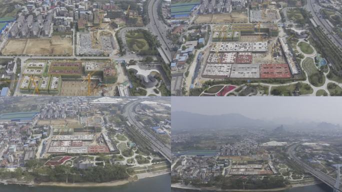 航拍桂林漓江边小区工地建设过程