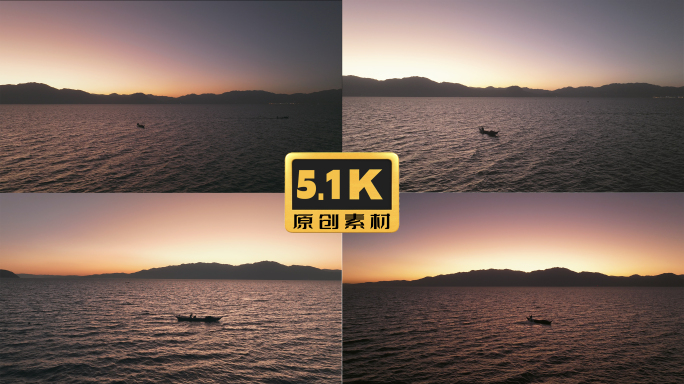 5K-渔船在霞光中泛舟水面