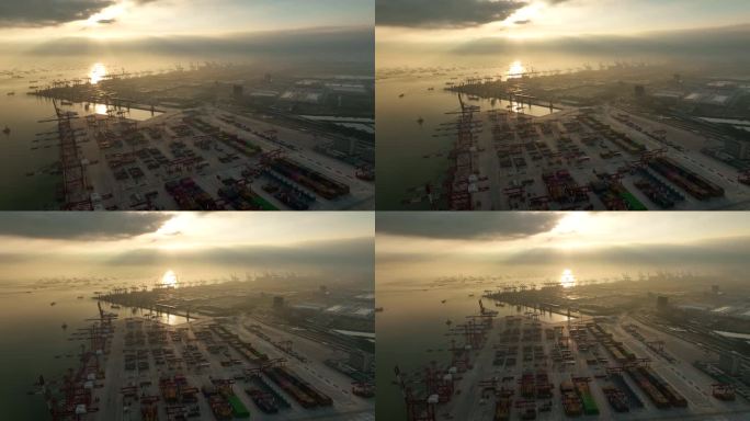 广州港大湾区港口码头早晨自贸港