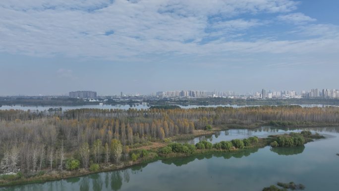 航拍襄阳汉江国家湿地公园城市自然风光