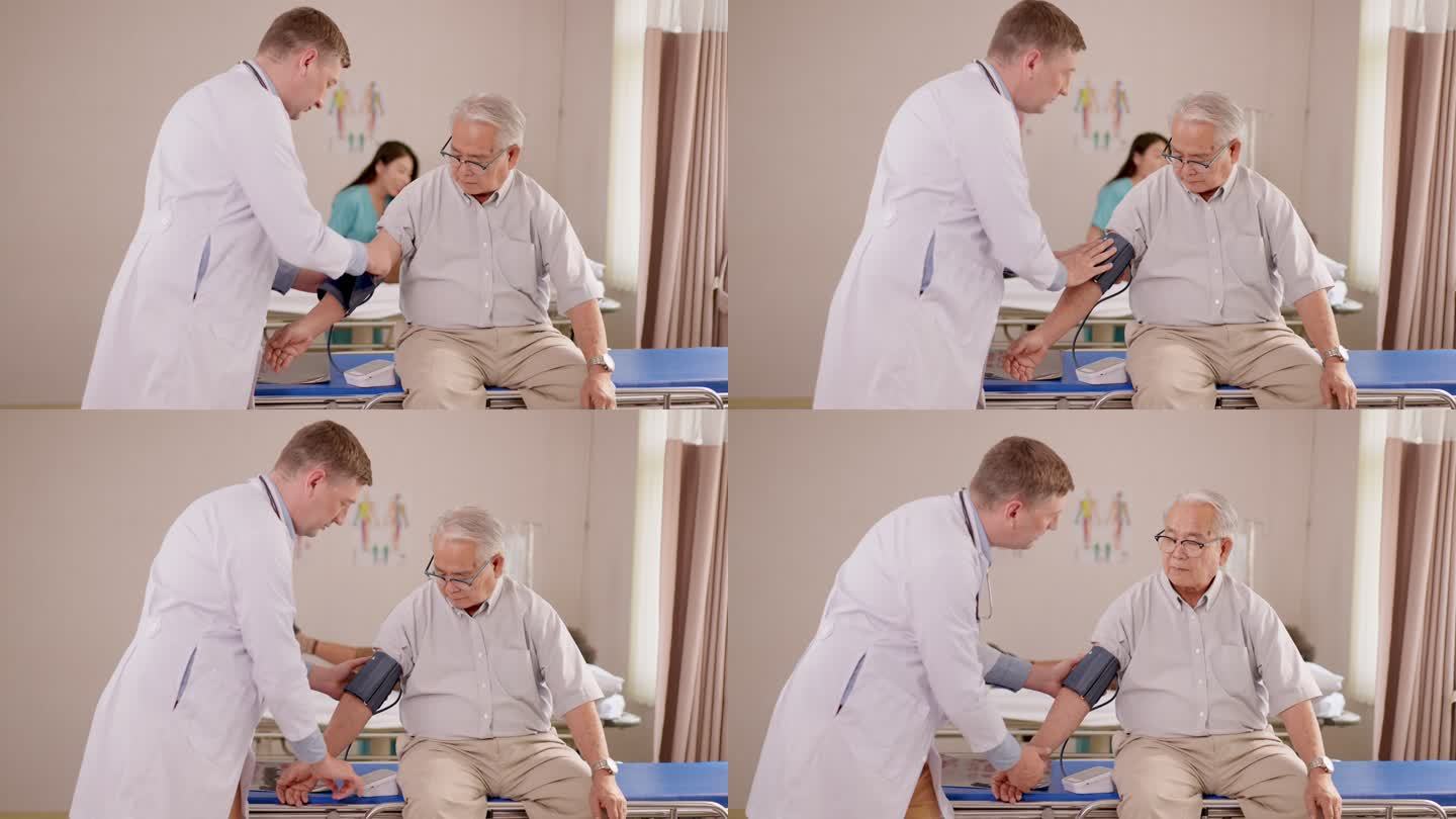 一名老人坐在病床上，在与一名身穿白色实验服的专业男医生进行检查时测量血压。