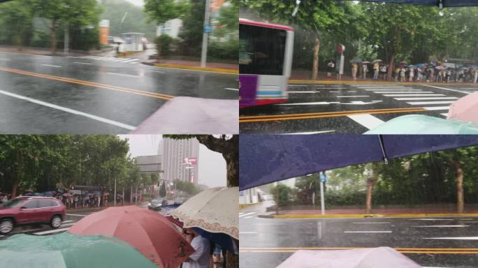 实拍大暴雨下雨磅礴大雨等车 可商用