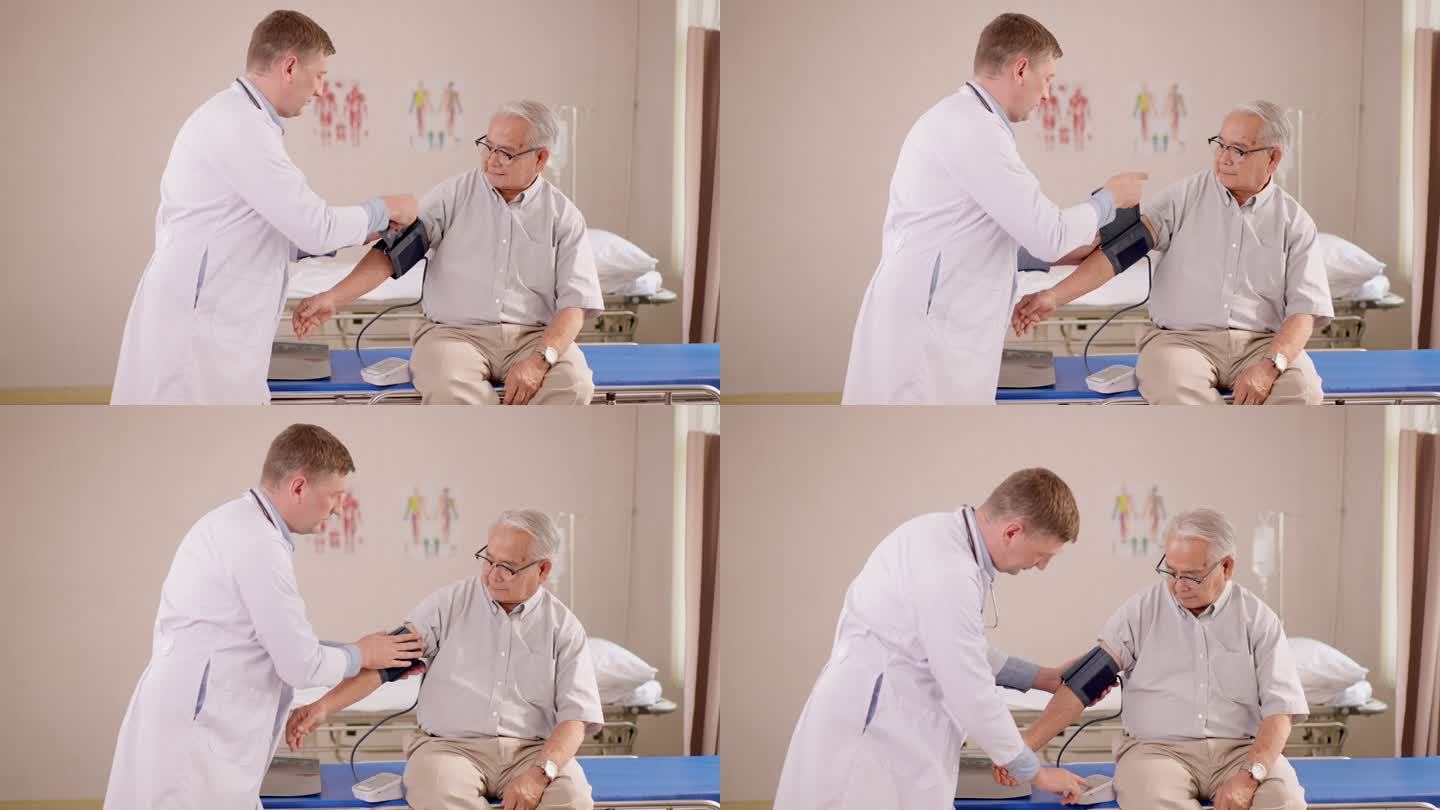 专业的男医生身穿白色实验室长袍，看着血压计，向坐在病床上的老年男性患者解释与心脏病和中风风险相关的结