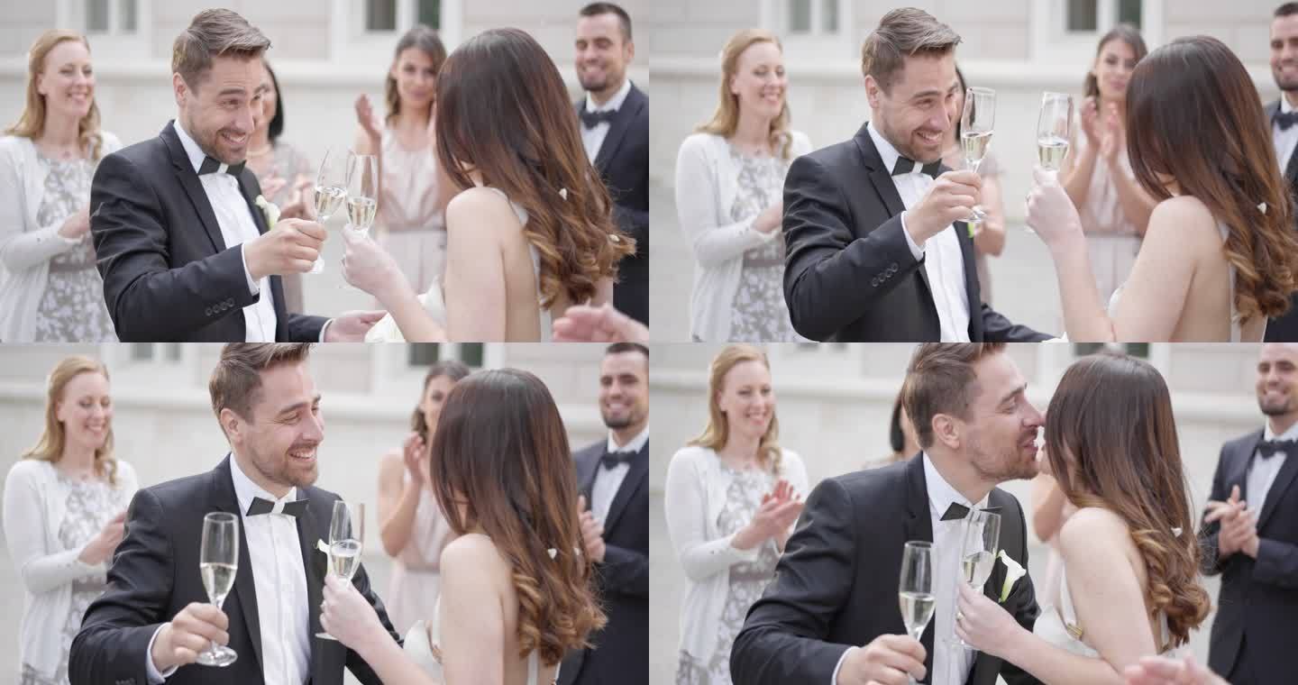 SLO MO新娘和新郎在婚礼后碰杯