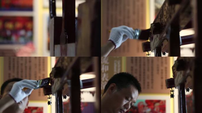 江南农村油漆匠在木头床橱柜涂油漆实拍素材