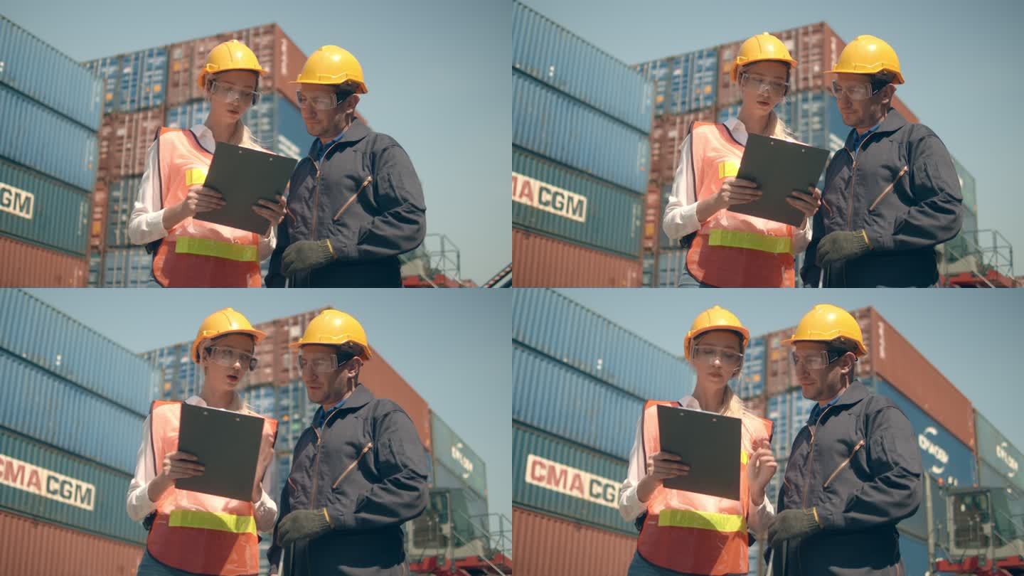 两名集装箱码头员工在装运港五颜六色的集装箱堆垛前工作和交谈