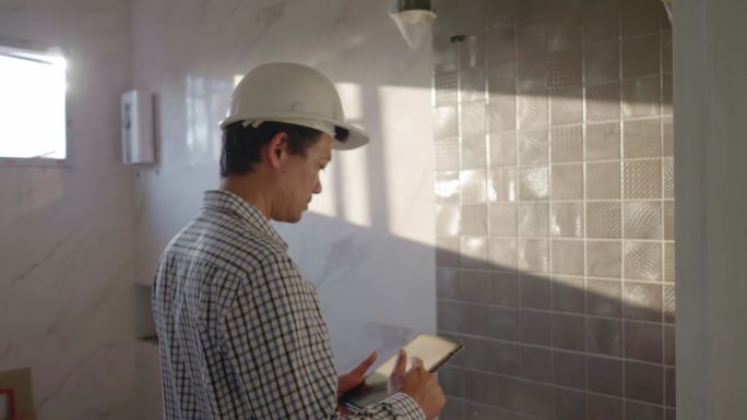 亚洲男子工程师检查建筑厕所
