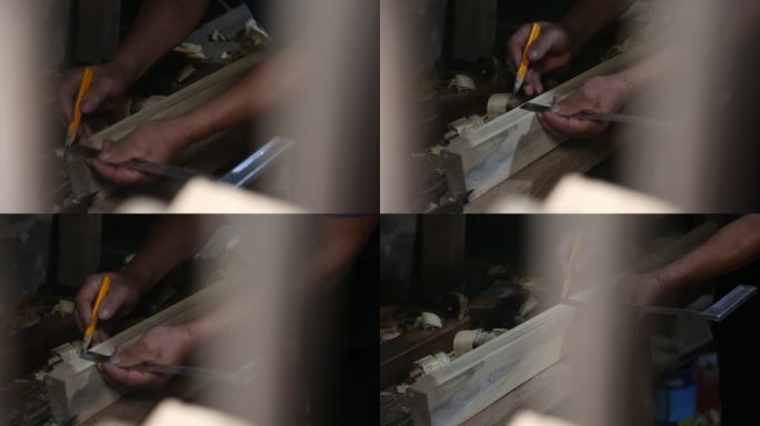 传统木匠尺子划线刨木头实拍原素材