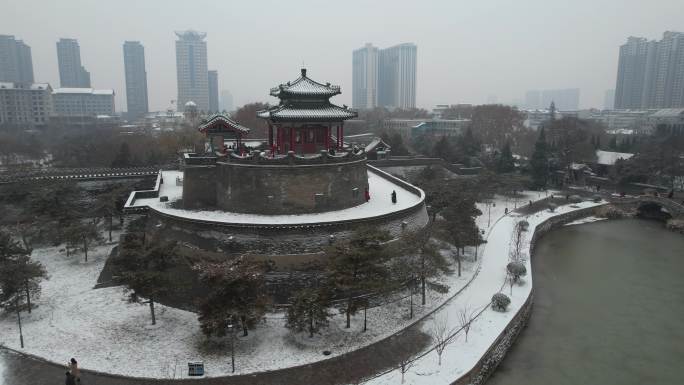 航拍邯郸丛台公园下雪