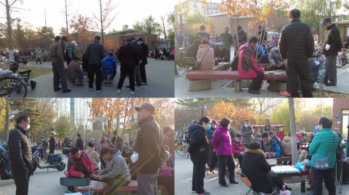 社区居民退休生活老人打牌城市人文街头公园