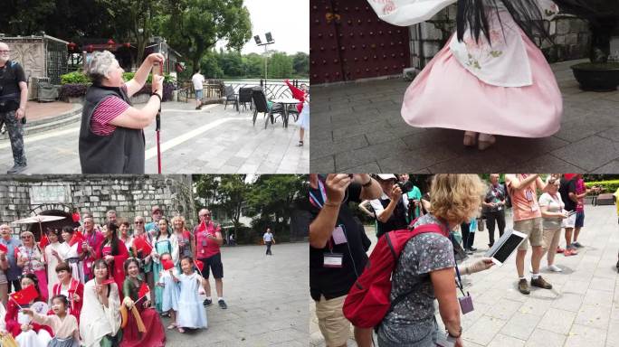 桂林外国游客与汉服美女 合影拍照