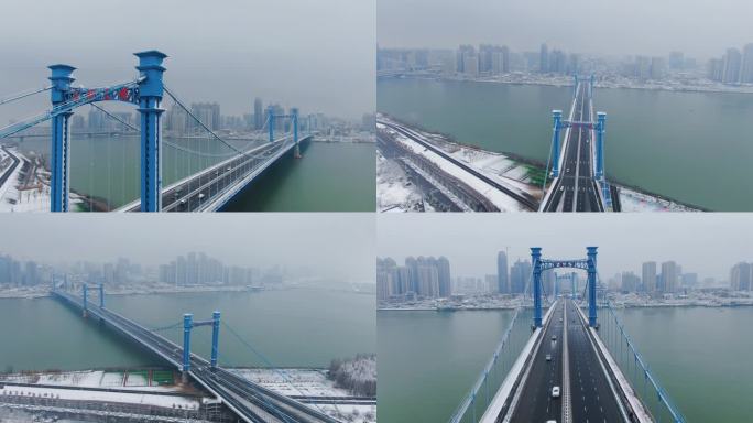 襄阳凤雏大桥雪景航拍素材