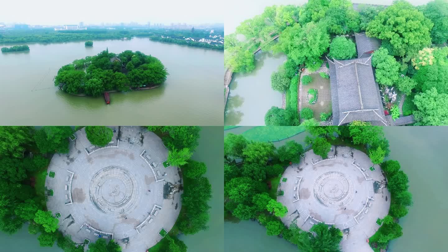 南湖风光航拍，有湖心岛烟雨楼及南湖菱片区