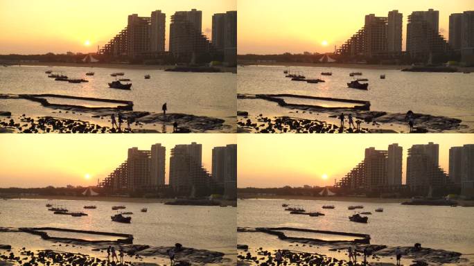 海边夕阳日落晚霞港口渔船安静唯美湖边岸边