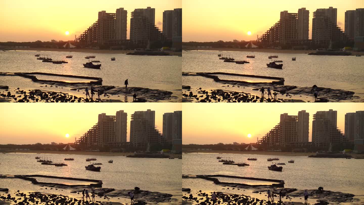 海边夕阳日落晚霞港口渔船安静唯美湖边岸边