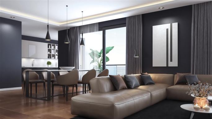 现代极简主义公寓内部。带厨房和餐厅的客厅。纹理到空白房间概念。