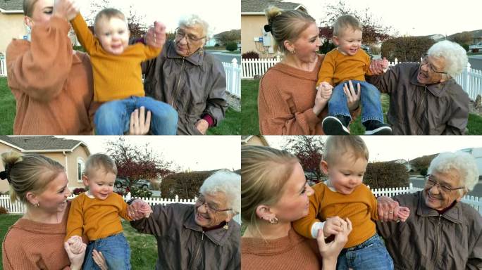 多代家庭曾祖母、曾祖母、大女儿和曾祖母下午在美国西部院子里玩得很开心