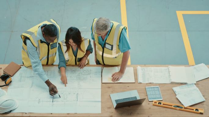工厂工人在仓库上方评估建筑和施工项目的蓝图计划。承包商小组制定制造业扩张和发展布局