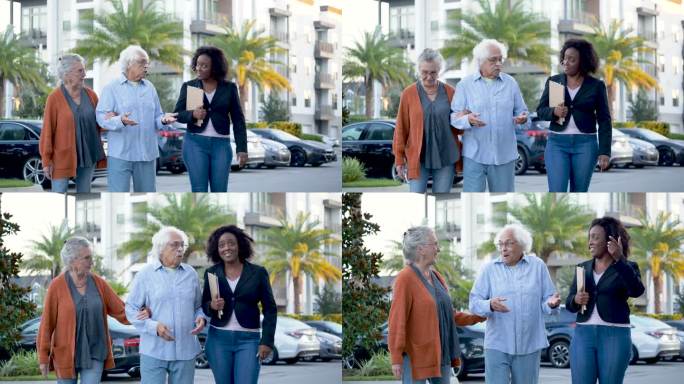 多种族老年夫妇在户外与房地产经纪人交谈