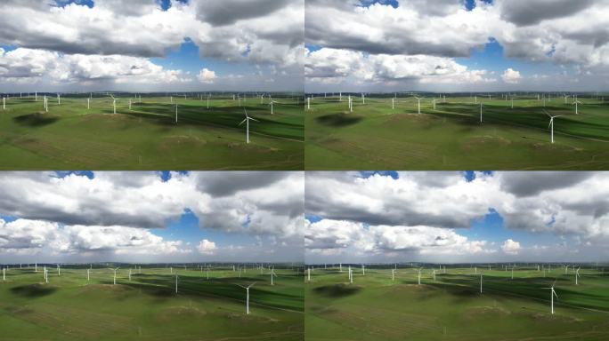 风力涡轮机草原风力发电机绿色生态蓝天白云