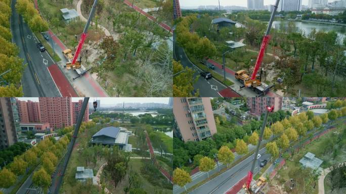 文明城市绿化建设宣传吊车种树航拍