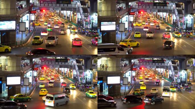 曼谷交通视图。摩托车和汽车都在路上。曼谷在交通高峰期堵车