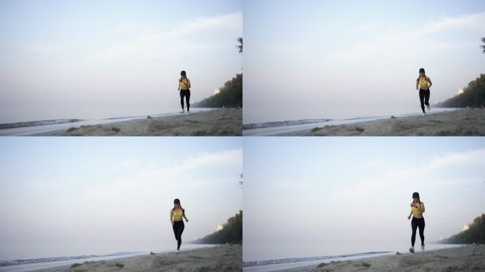 亚洲女子跑步。锻炼跨栏跨越