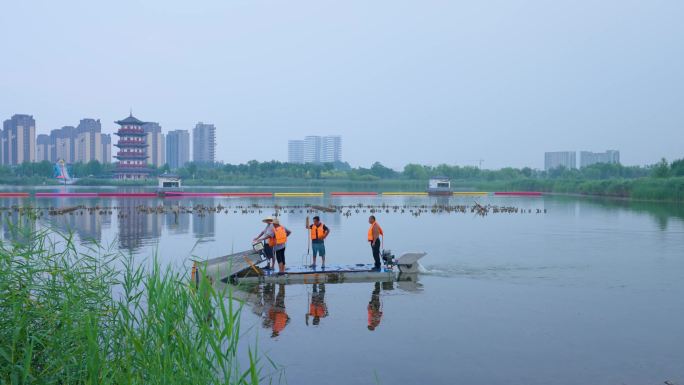湖泊中央划船 水面清洁工 水环境监测