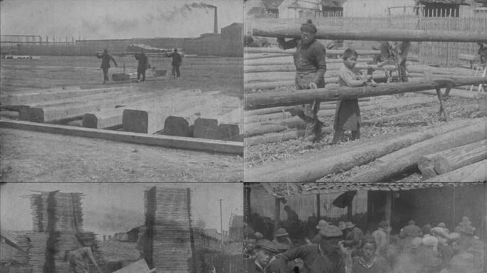 清末民初的建筑工地 做木工的工人