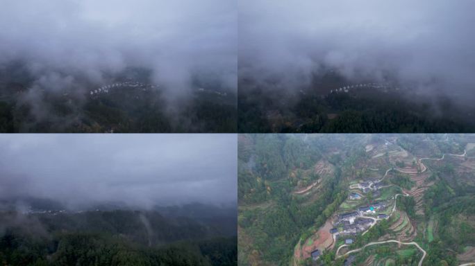 【4K】大山雨后雾天村庄航拍