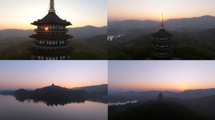 航拍杭州雷峰塔清晨日出