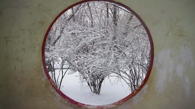 4k升格园林窗外树雪景