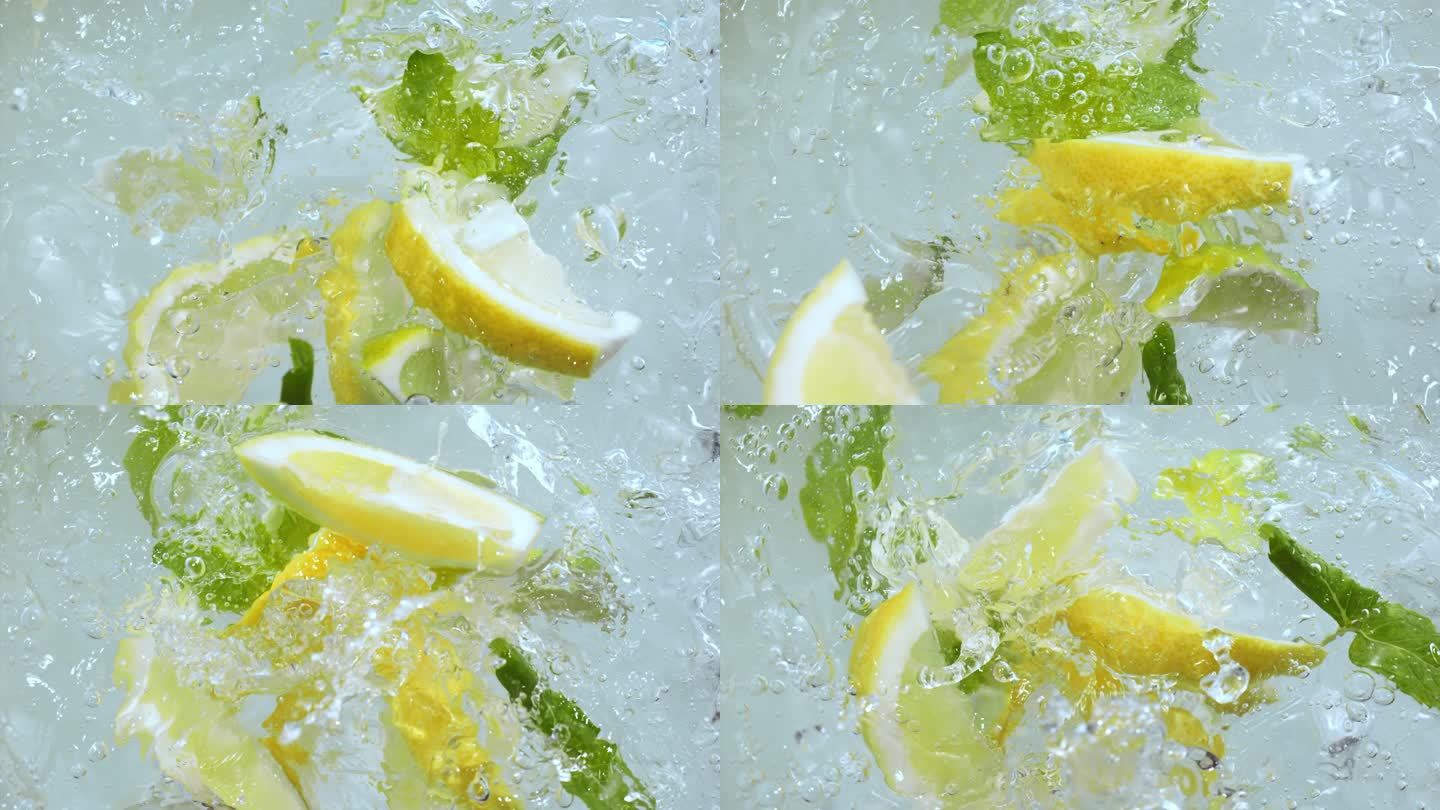 柠檬和薄荷叶落入水涡超慢动作1000 fps