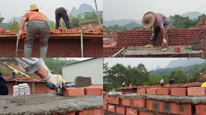 繁忙工地民工沏砖红砖沏墙沙石水泥搅拌工地