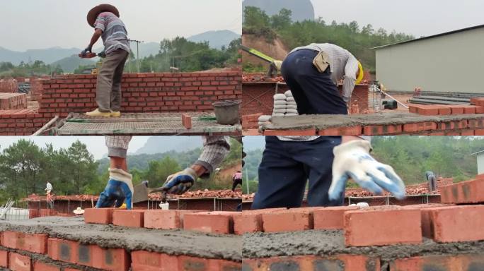 繁忙的工地民工沏砖红砖沏墙沙石建设工程