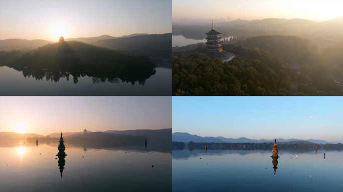 航拍杭州西湖早晨