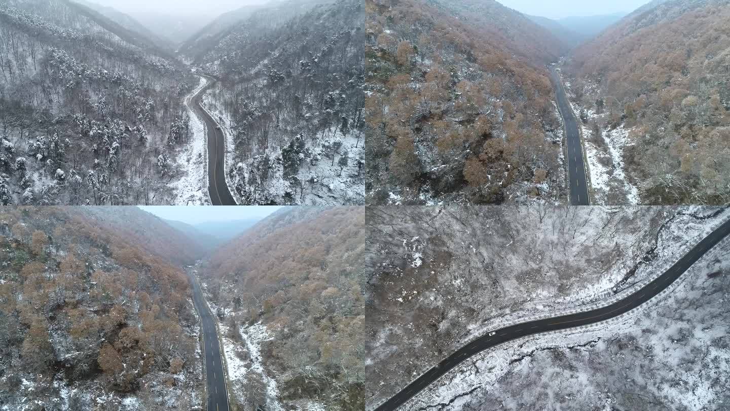 冬天下雪公路国道山区甘山自然景区道路