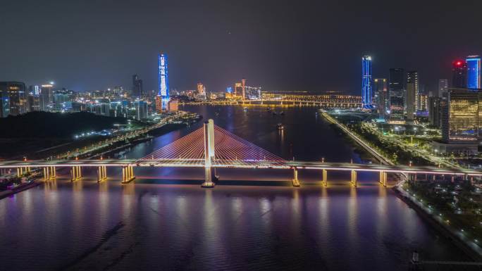 珠海市香洲区横琴大桥繁华城市夜景航拍延时
