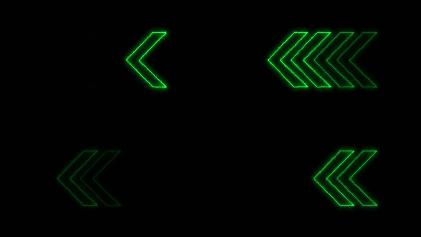 霓虹灯标志箭头绿色灯光信号从中心以黑色背景传播的动画。可用于撰写各种媒体，如新闻、演讲、在线媒体、社