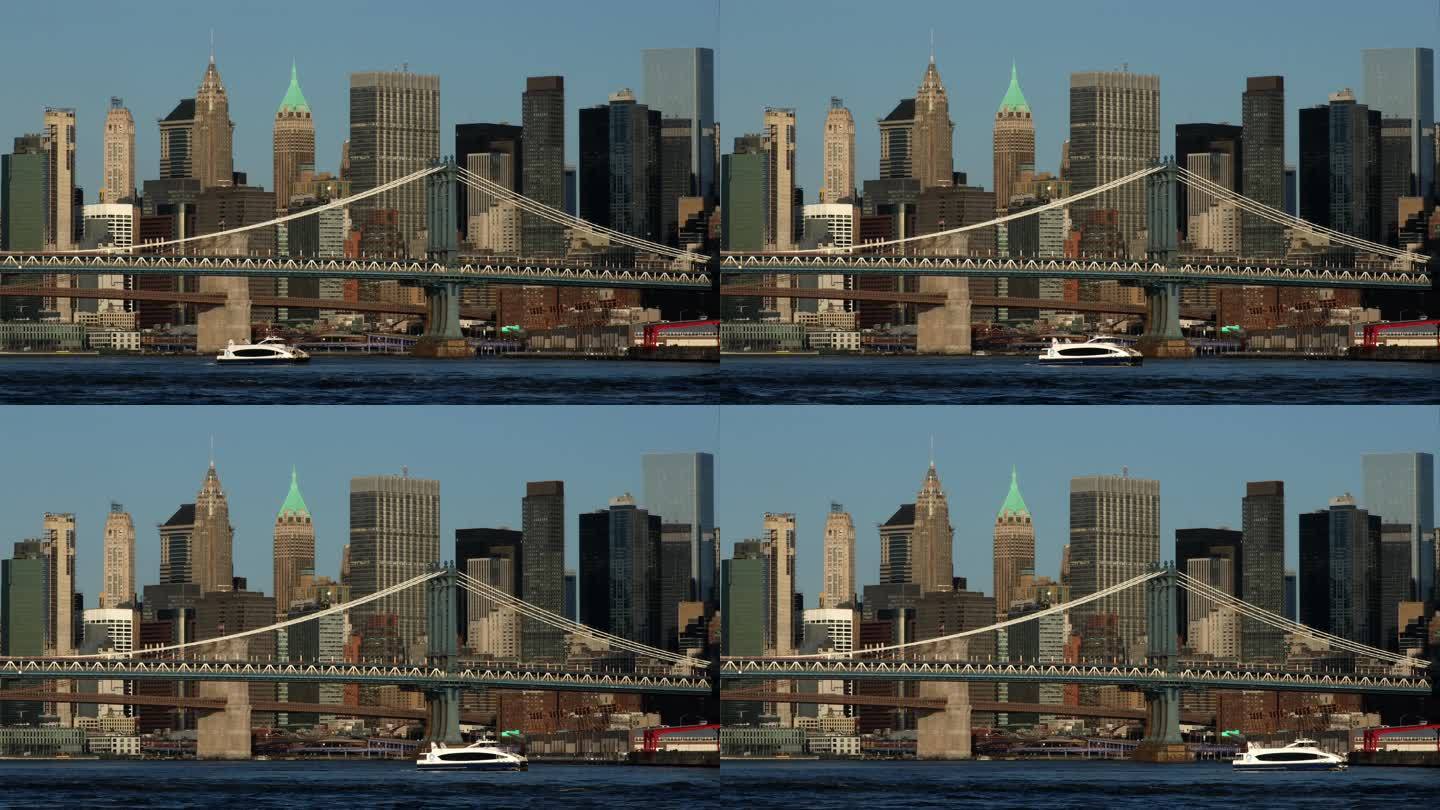 曼哈顿大桥和渡轮港口贸易货船