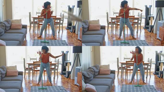 一名女子在家做家务时一边听音乐一边享受生活的4k视频片段