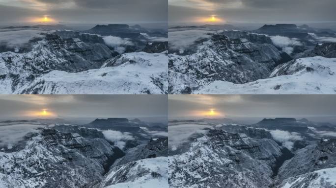 雪后山顶日出雪山山峰震撼航拍超清画质