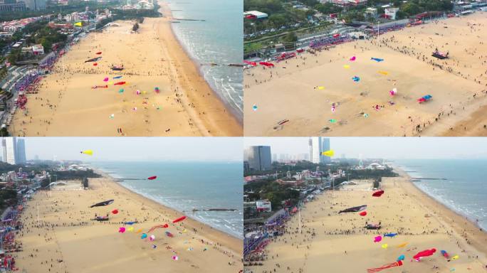 海边沙滩放风筝活动游玩4K航拍