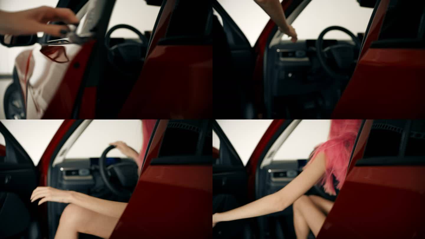 迷人的粉色头发女子进入红色跑车