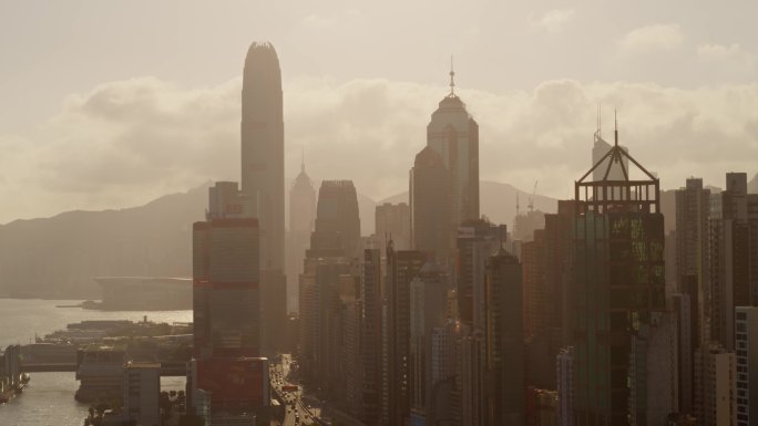 香港航拍城市日出大景