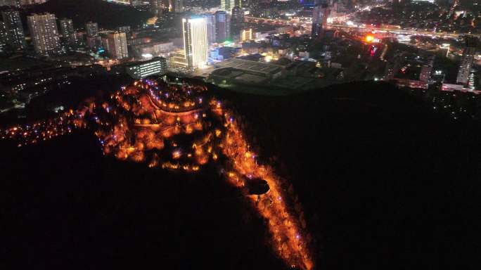 航拍山东济南茂岭山公园灯光秀夜景