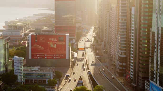 香港航拍城市日出大景