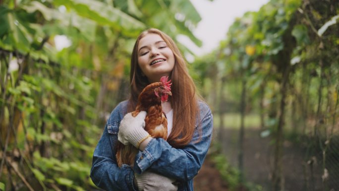 后院花园里抱着鸡的少女肖像。